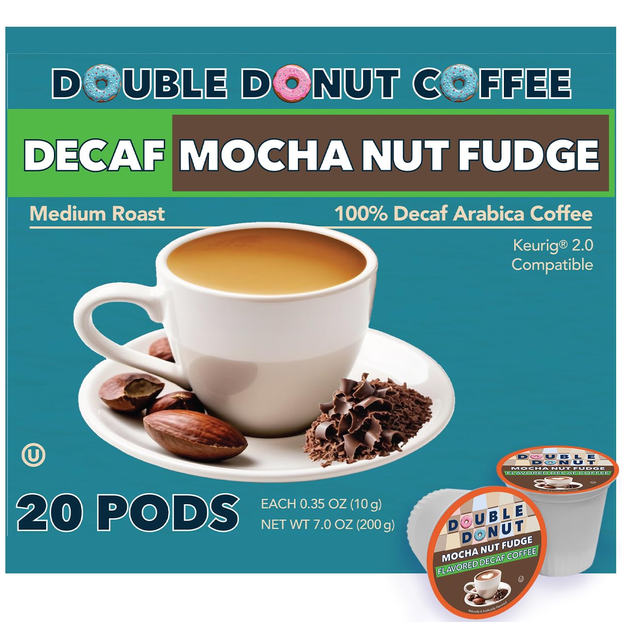 Double Donut Coffee Medium Roast Decaf Coffee Pods, Mocha Nut Fudge Flavored, For Keurig K-Cup Machines, 20 Single-Serve Capsules Per Box