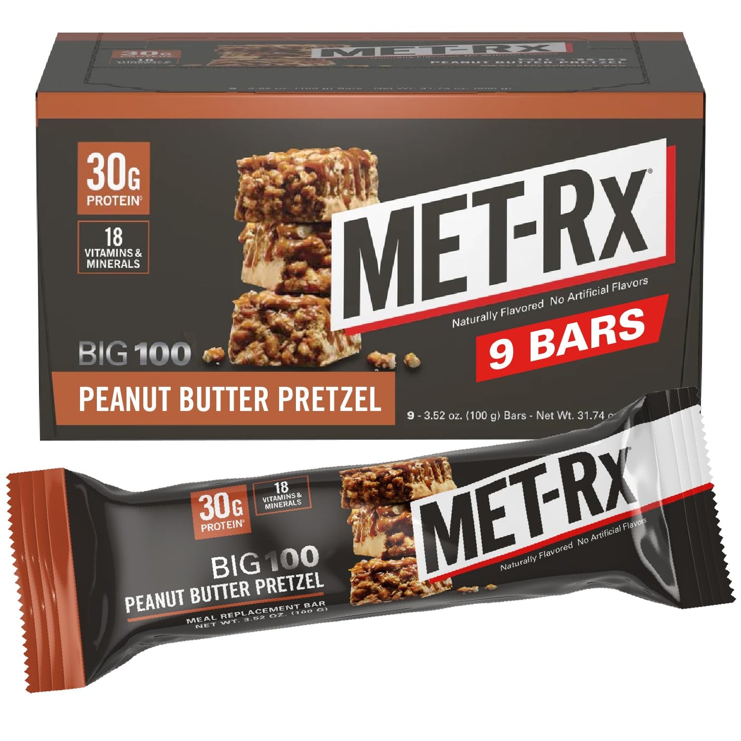 MET-Rx Big 100 Colossal Protein Bars, Great as Healthy Meal Replacement, Snack, and Help Support Energy, Peanut Butter Pretzel, With Vitamin A, Vitamin C, and Zinc, 100 g, (Pack of 9)