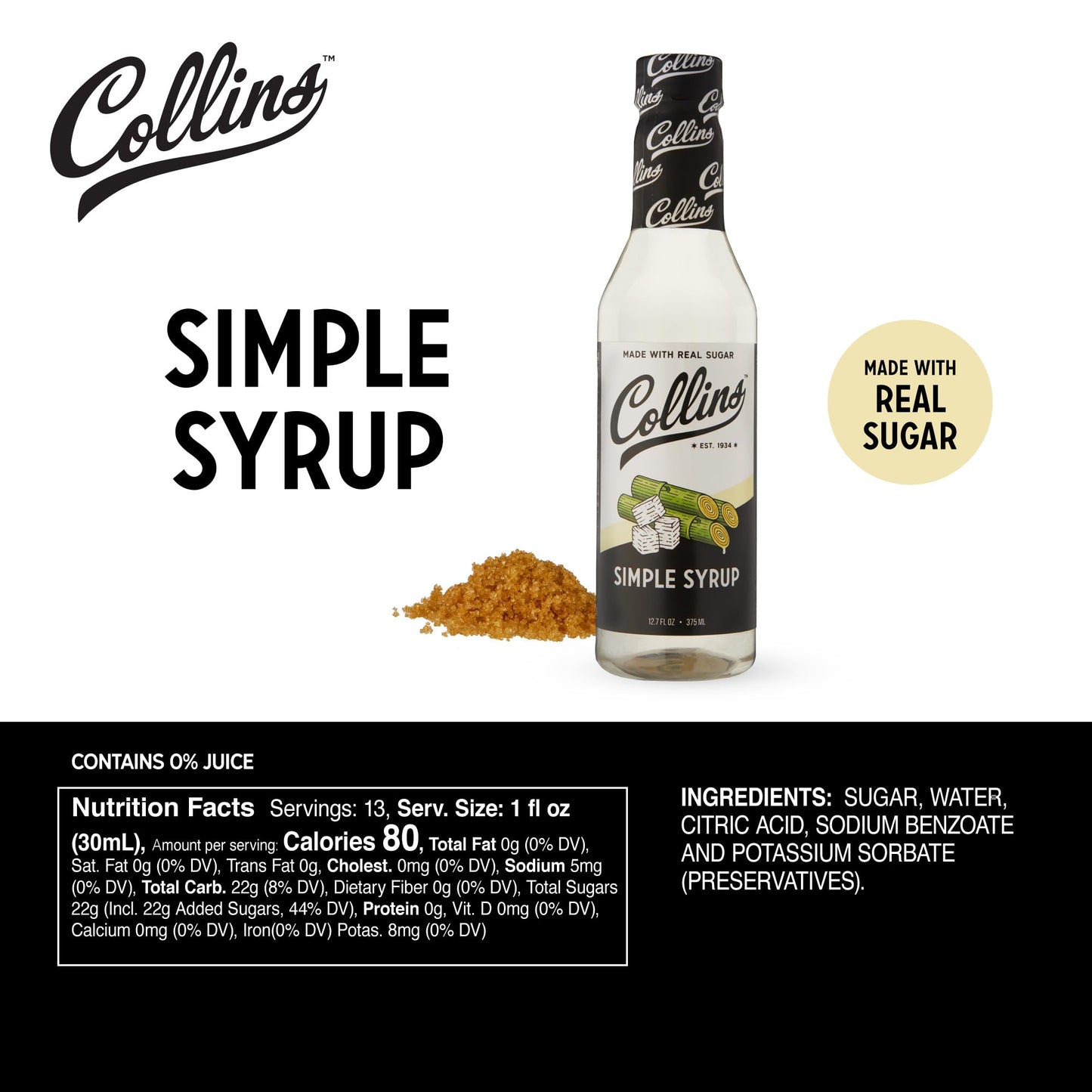 Collins Simple Syrup, Classic Cocktail Mixer, 12.7 Fl Oz, PET Bottle, Black