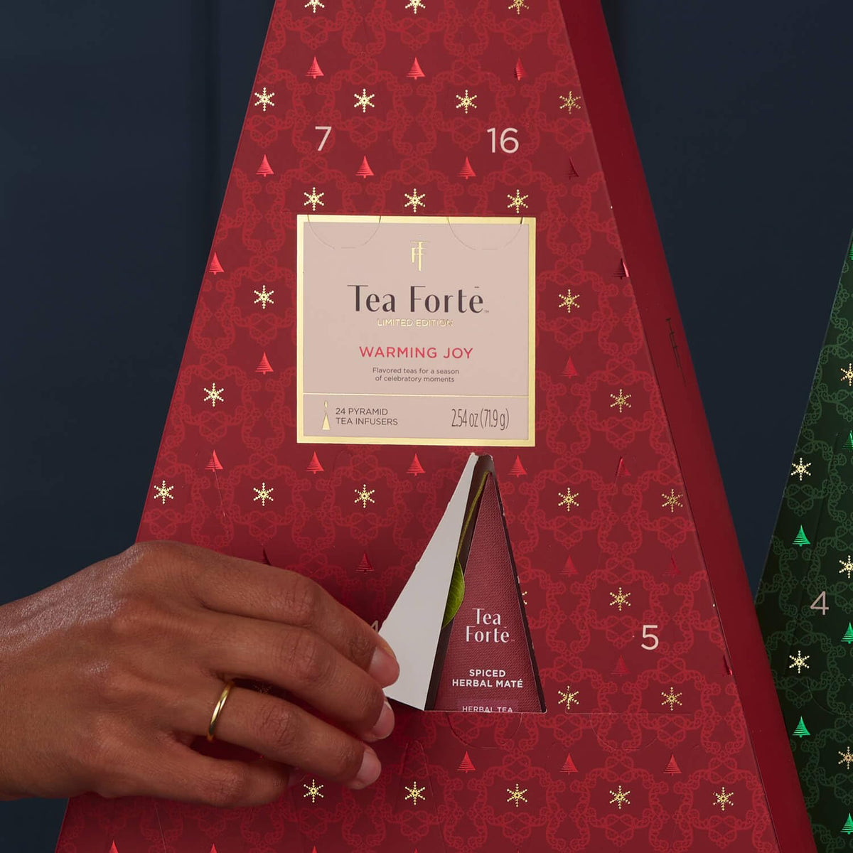 Tea Forte Tea Advent Calendar Gift Set; 24 Individually Wrapped Handcrafted Assorted Pyramid Infuser Tea Bags With Numbered Doors, Warming Joy