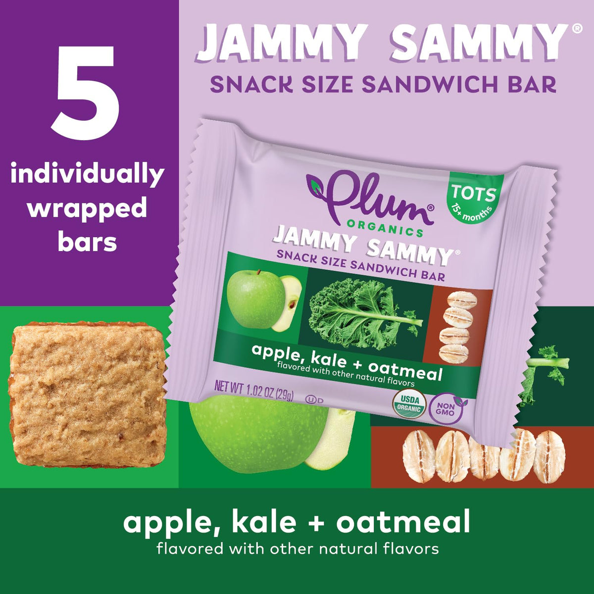 Plum Organics Jammy Sammy Snack Bars - Apple, Kale, and Oatmeal - 1.02 oz Bars (Pack of 30) - Organic Toddler Food Snack Bars