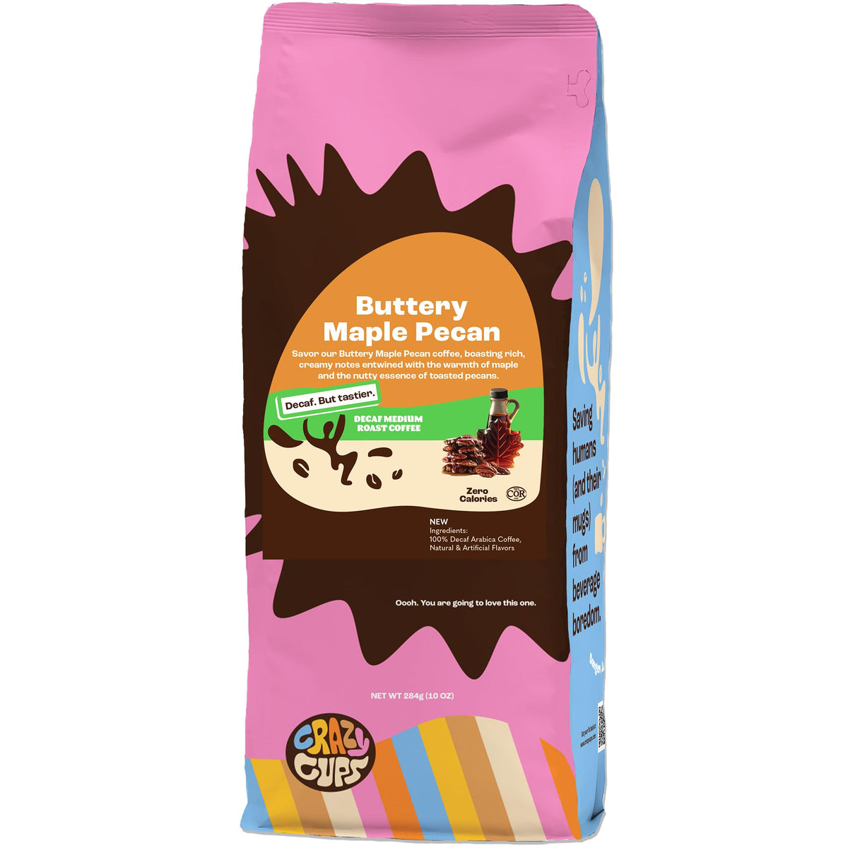Crazy Cups Decaf Flavored Ground Coffee, Decaffeinated Buttery Maple Pecan Coffee, For Brewing Flavored Hot or Iced Decaf Pecan 