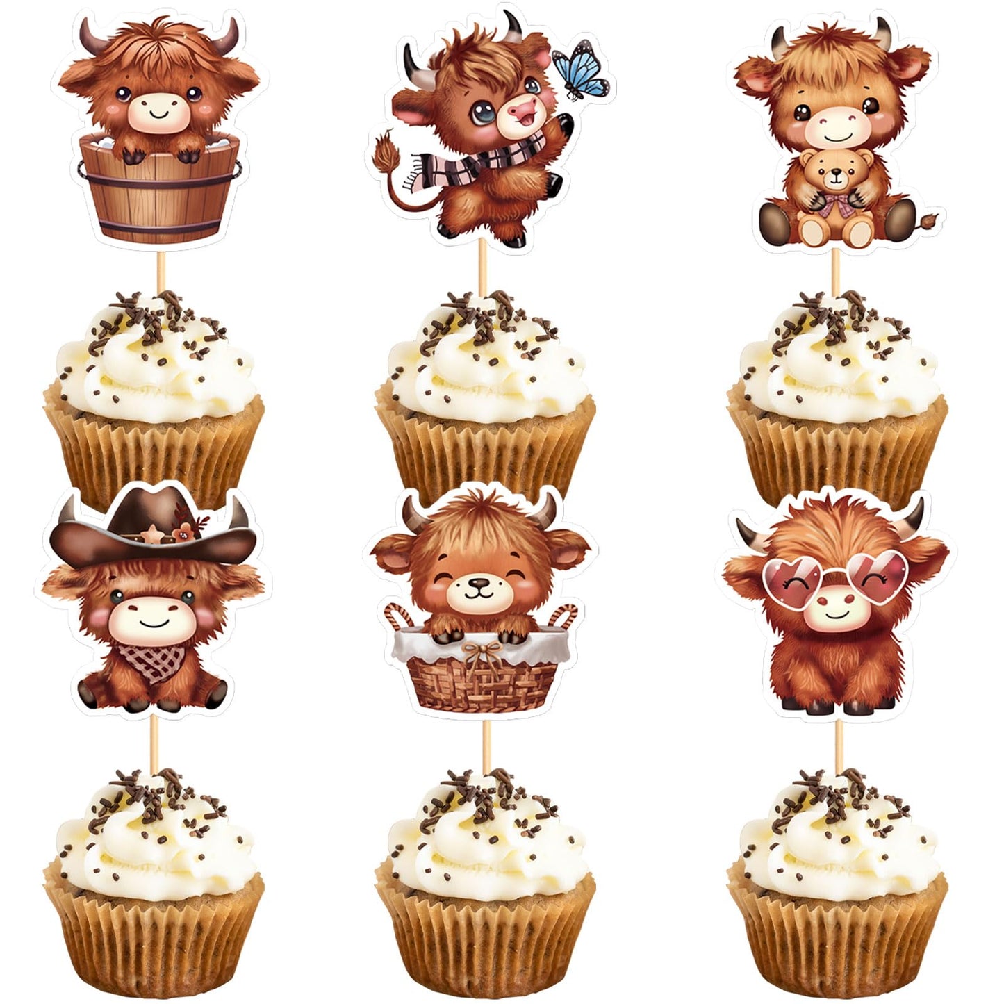 Keaziu Cupcake Toppers 24 Pack Highland Cow Picks Paper 2x0.2 Cow 2 Birthday Decorations Party Supplies