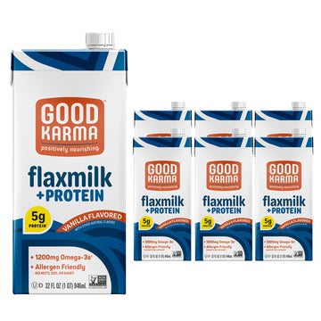Good Karma Vanilla Flaxmilk +Protein, 32 Ounce (Pack of 6), 5g Plant Protein + 1200mg Omega-3 Per Serving, Plant-Based Non-Dairy