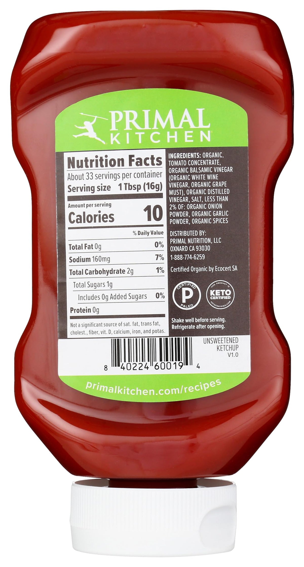 Primal Kitchen Organic Unsweetened Ketchup, 18.5 OZ, No Added Sugar, Gluten-Free