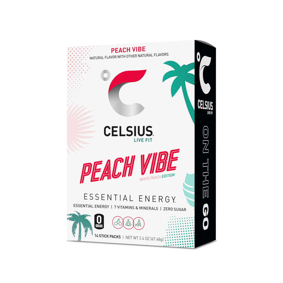 CELSIUS On-the-Go Powder Sticks Peach Vibe, Essential Energy 2.6 Oz (14 Sticks per Pack)