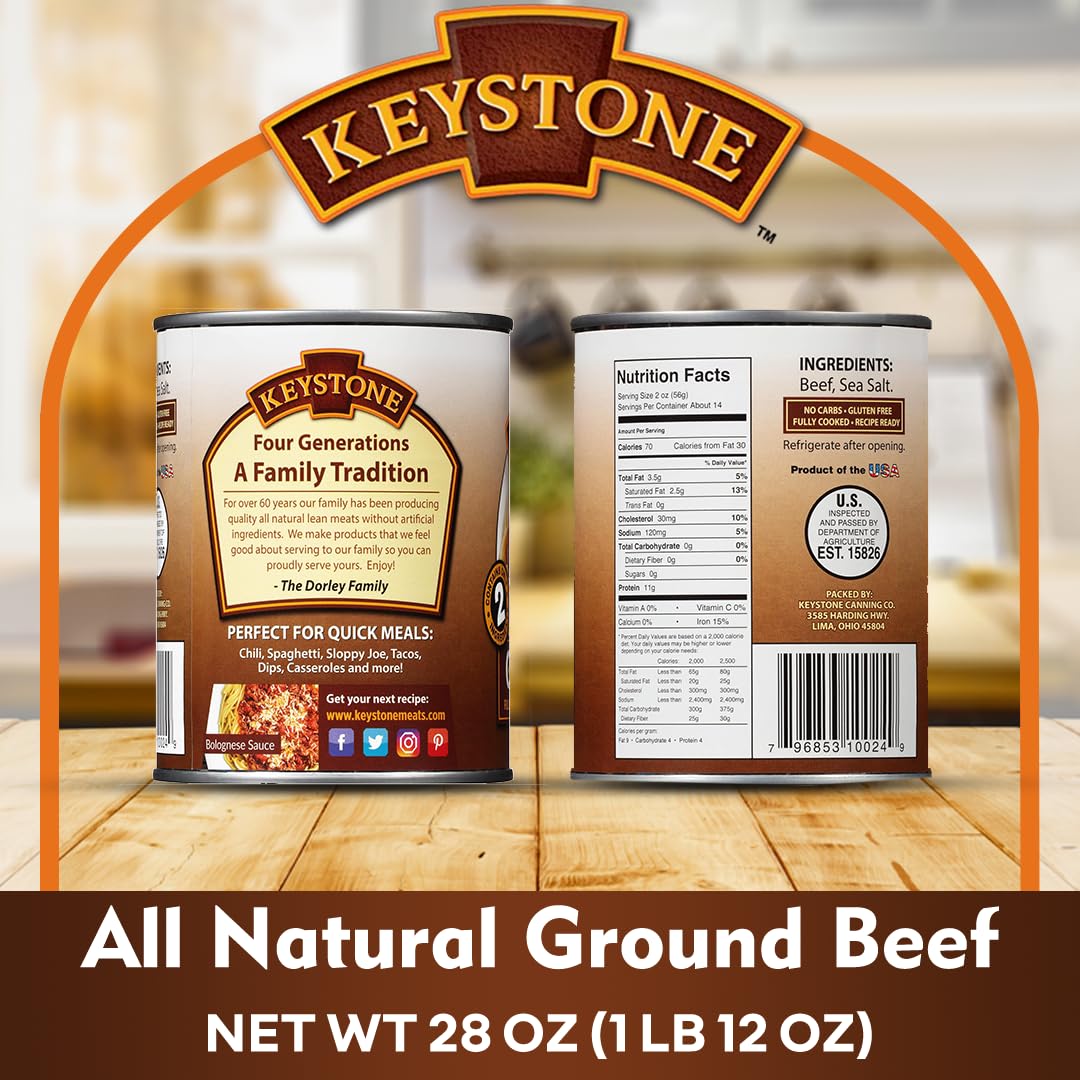 Keystone All Natural Ground Beef 28 Ounce Long Term Emergency Survival Food Canned Meat | Fully Cooked Ready To Eat | Gluten Free Family Pack Of 2