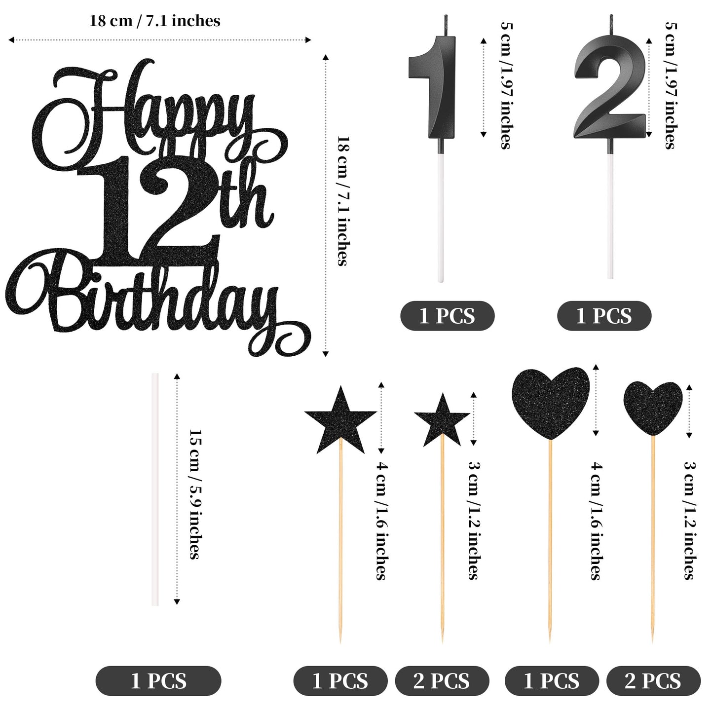 Lecferrarc 12th Birthday Cake Decorations Set, Glitter Happy 12th Birthday Toppers, Black, Paper, Includes Numeral Candles