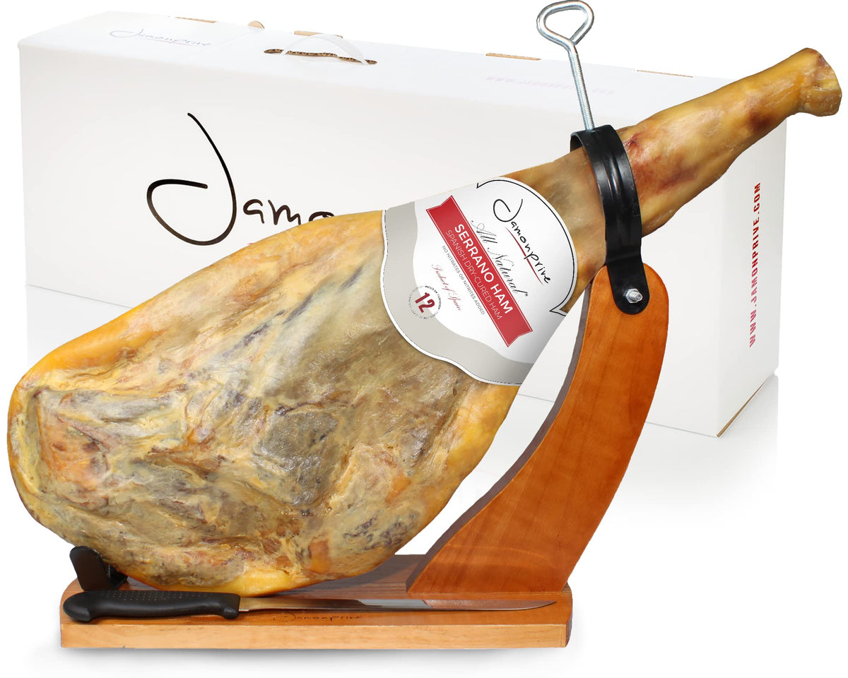 Spanish Serrano Ham Bone In From Scomfort Support 14-17 Lb With Holder & Cutting Tool - All Natural  No Nitrates - Perfect For Tapas  Charcuterie  Parties & Family Gatherings - Ideal For Food Lovers & Gourmet Enthusiasts - Jamon Serrano - Spanish Ham