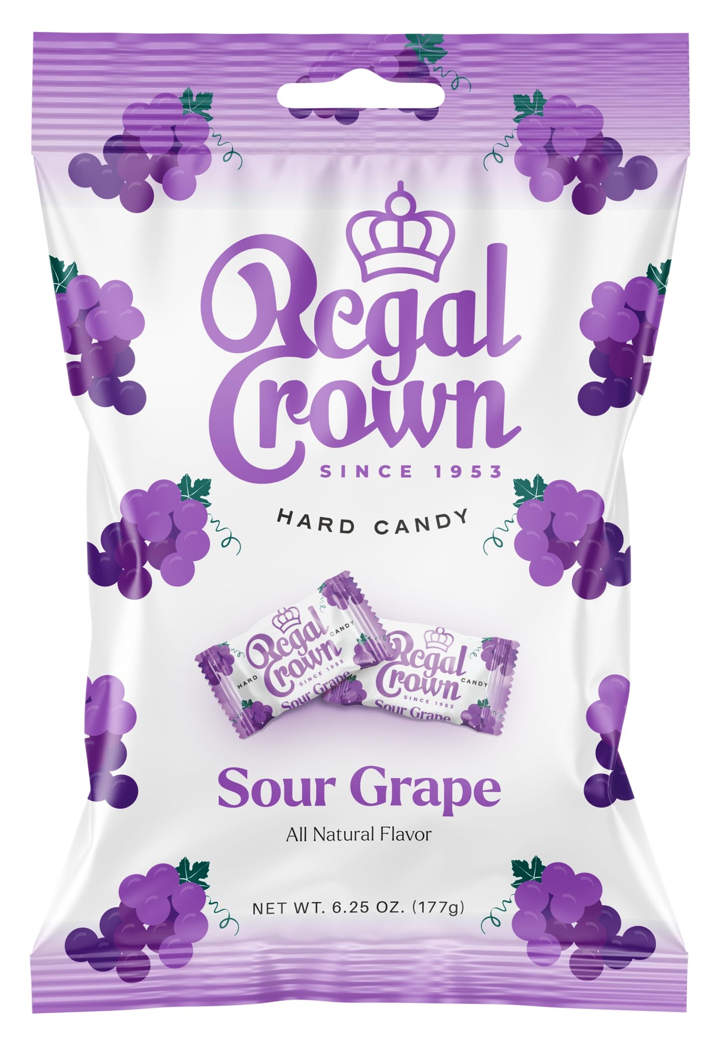 Regal Crown Sour Grape, 6.25 Ounce Bag (Pack of 1), Individually Wrapped Hard Sour Candy, The Hampton Candy Company