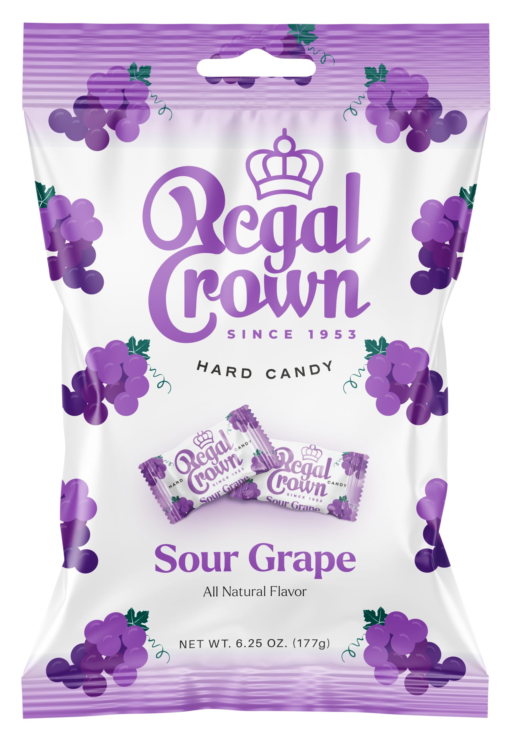 Regal Crown Sour Grape, 6.25 Ounce Bag (Pack of 1), Individually Wrapped Hard Sour Candy, The Hampton Candy Company