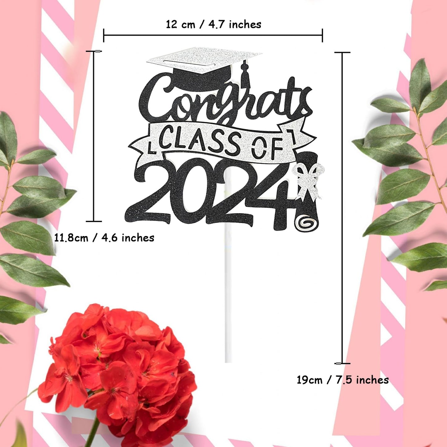 Chewarelly 1 Pack 2024 Class Of Cake Topper, Glitter Congrats Grad Cake Decor,Graduation Cake Picks For Senior High School Colle