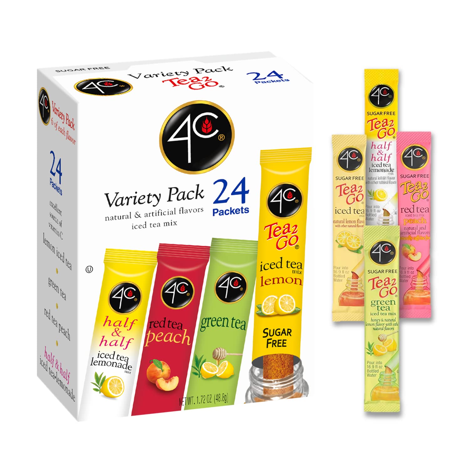 4C Powder Drink Mix Packets, Iced Tea Variety 1 Pack, 24 Count, Singles Stix On The Go, Refreshing Sugar Free Water Flavorings