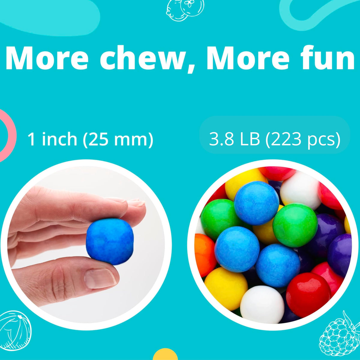 Gumballs For Gumball Machine - 1 Inch Large Gumballs - Assorted Fruit Flavored Bubble Gum For Kids - Sweet Gum Balls In Bulk 3.8