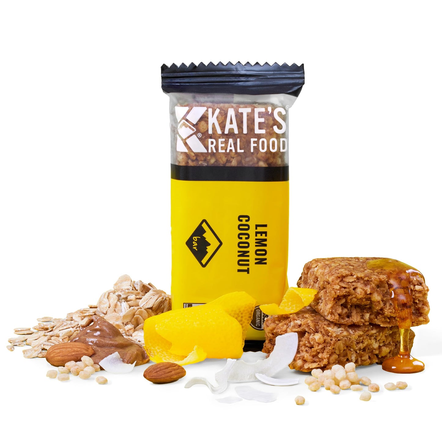 Kates Real Food Organic Granola Bars - Lemon Coconut (2.2 oz  Pack of 12) - Organic Energy Bars Made with Gluten Free Oats - Non GMO  Soy Free  Whole Grains  and All Natural - Healthy Snacks