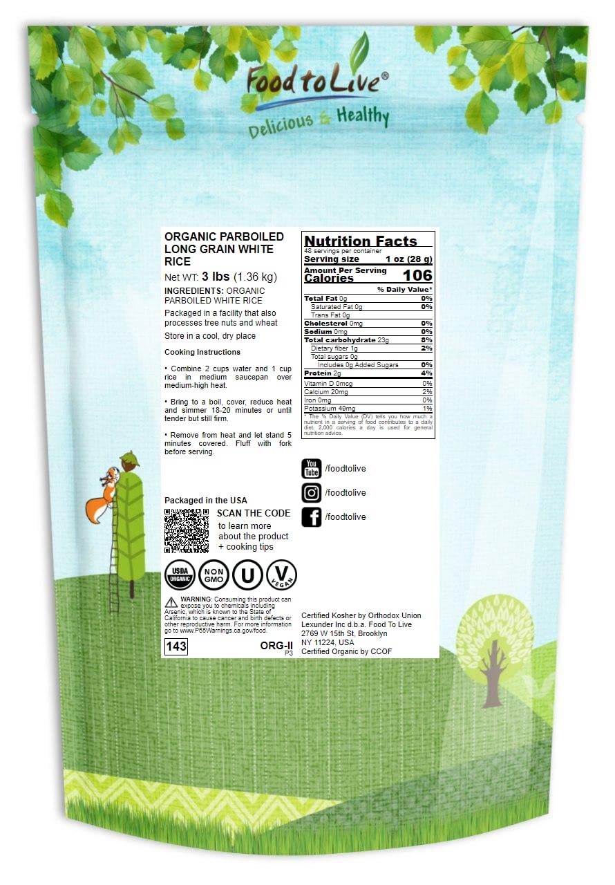 Organic Parboiled Long Grain White Rice, 3 Pounds - Non-Gmo, Kosher, Vegan, Bulk. Partially Precooked Converted Rice. Easy-Cook