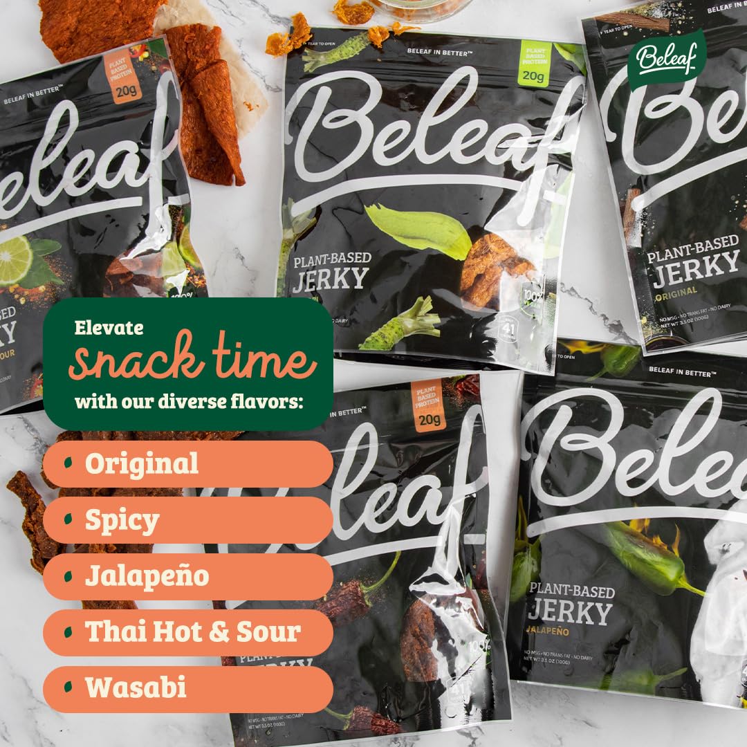 Beleaf Jalapeño Plant-Based Jerky: High-Protein Snack – Healthy And Flavorful Vegan Jerky For On-The-Go Energy – Tasty Meatless, Vegetarian Meat Alternative (12 Pack)