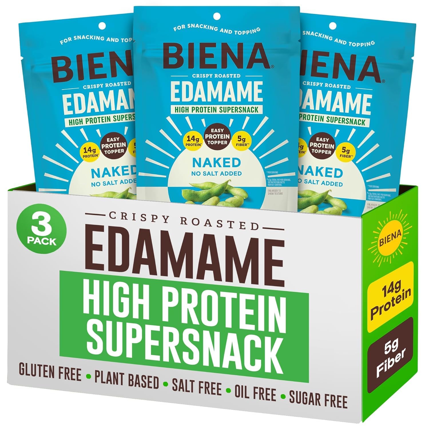 Biena Edamame Beans Snack High Protein Snacks - Healthy Sugar Free Snacks For Adults and Kids, Salt & Oil Free, 13g of Protein, 