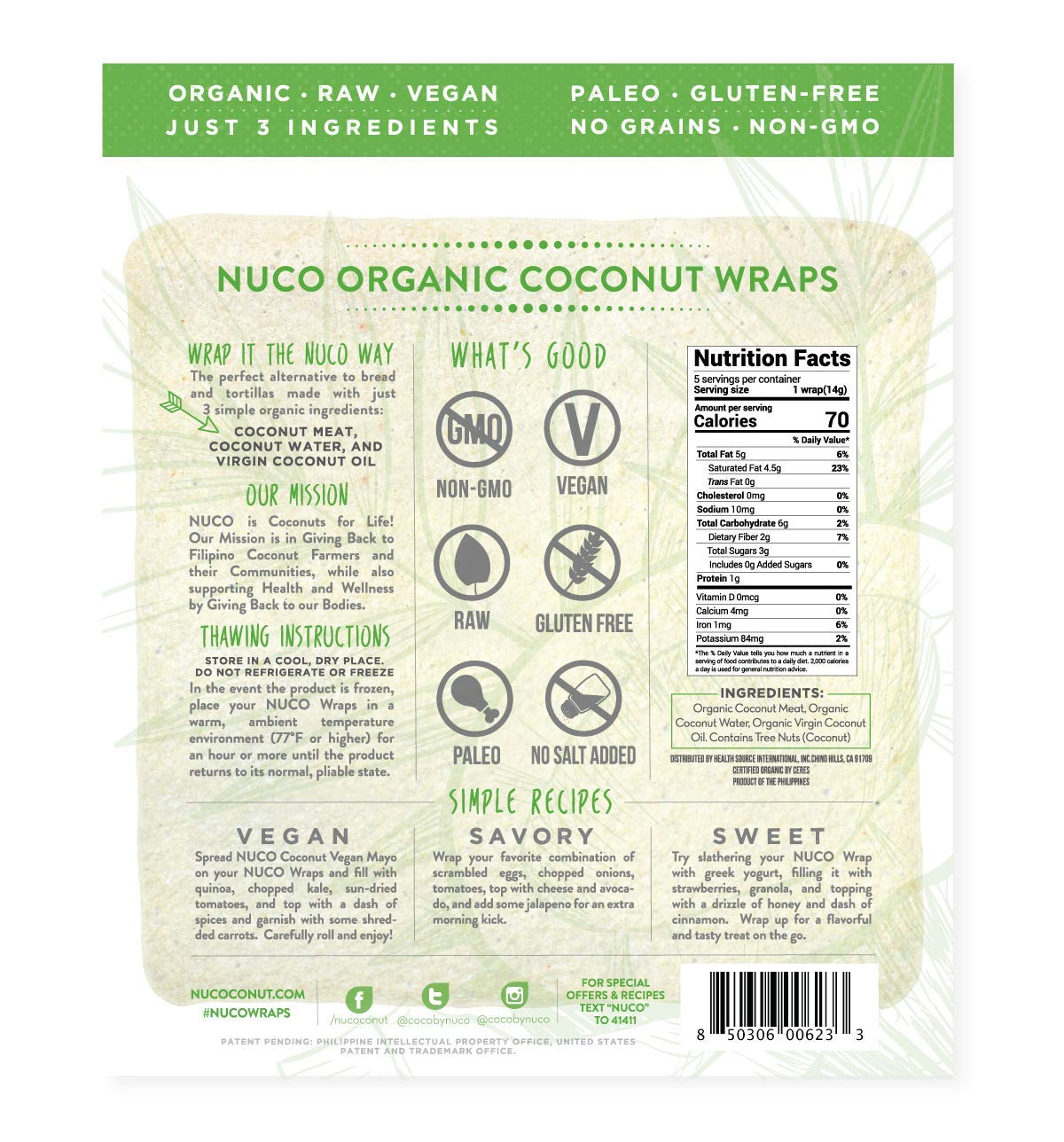 Nuco Certified Organic Paleo Gluten Free Vegan Coconut Wraps, 5 Count (One Pack Of Five Wraps)