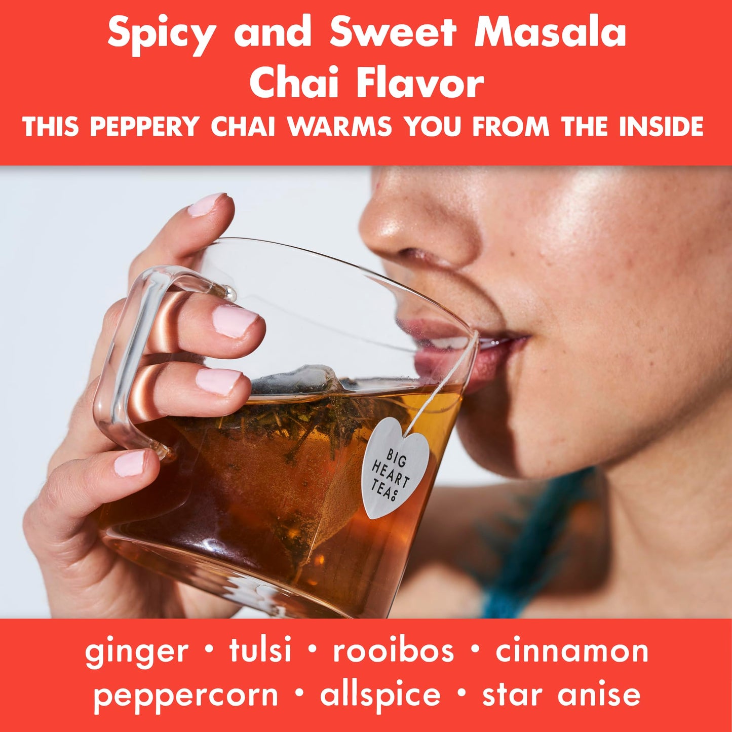 Big Heart Tea Co. Tea Bags - Fiery Masala Chai - Certified Organic, Ayurvedic Herbal Decaf Tea with Small Batch Ground Sweet Her