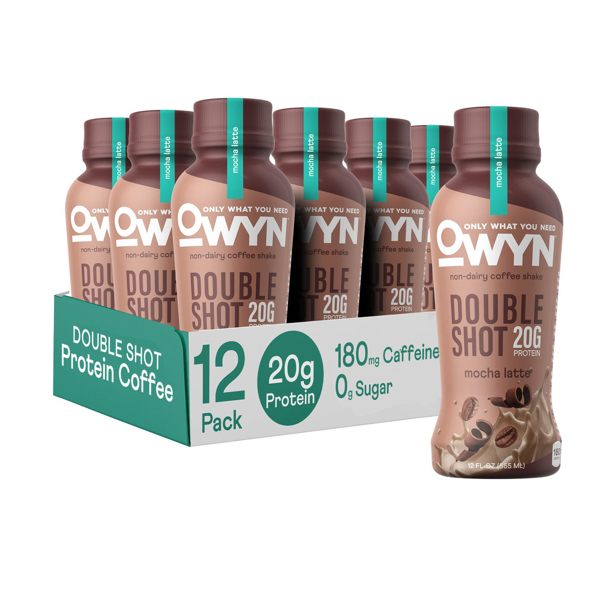 OWYN Double Shot Protein Coffee Shake, Dairy Free, Mocha, 0g Sugar, 20g Protein, 180mg Caffeine, 12 Fl Oz (Pack of 12)