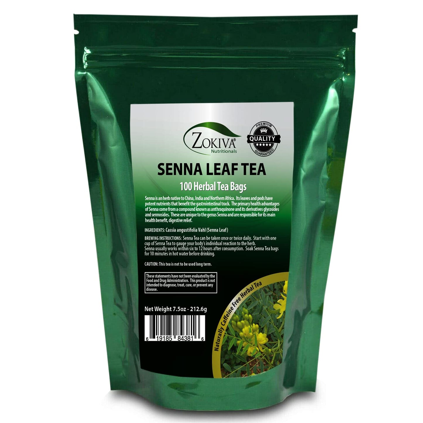 Zokiva Senna Tea - Herbal Laxative and Digestive Support - 100 Premium 2g Tea Bags - Caffeine Free