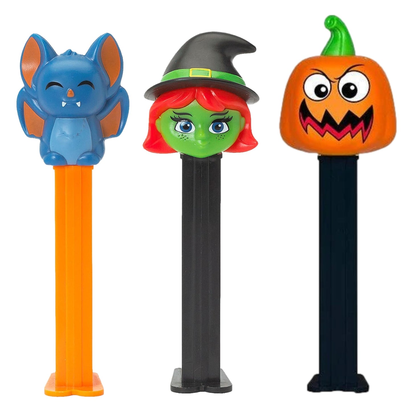 PEZ Halloween Candy Dispensers Set - Green Witch, Scary Pumpkin, and Vampire Bat Haloween PEZ Dispensers With Extra Candy Refill