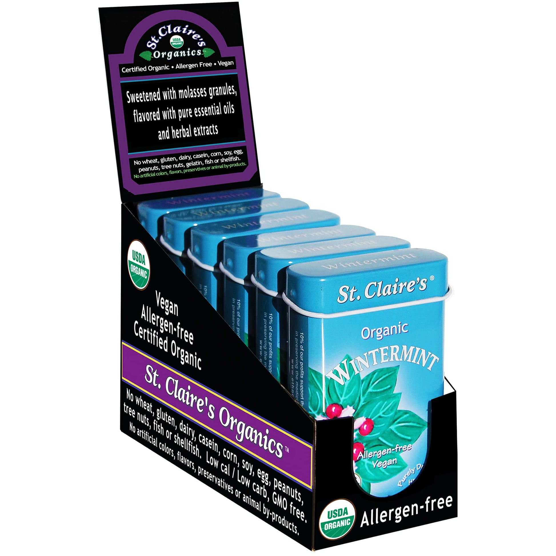 St. Claire's Organic Breath Mints, (Wintermint, 1.5 Ounce Tin, Pack of 6) | Gluten-Free, Vegan, GMO-Free, Plant-based, Allergen-
