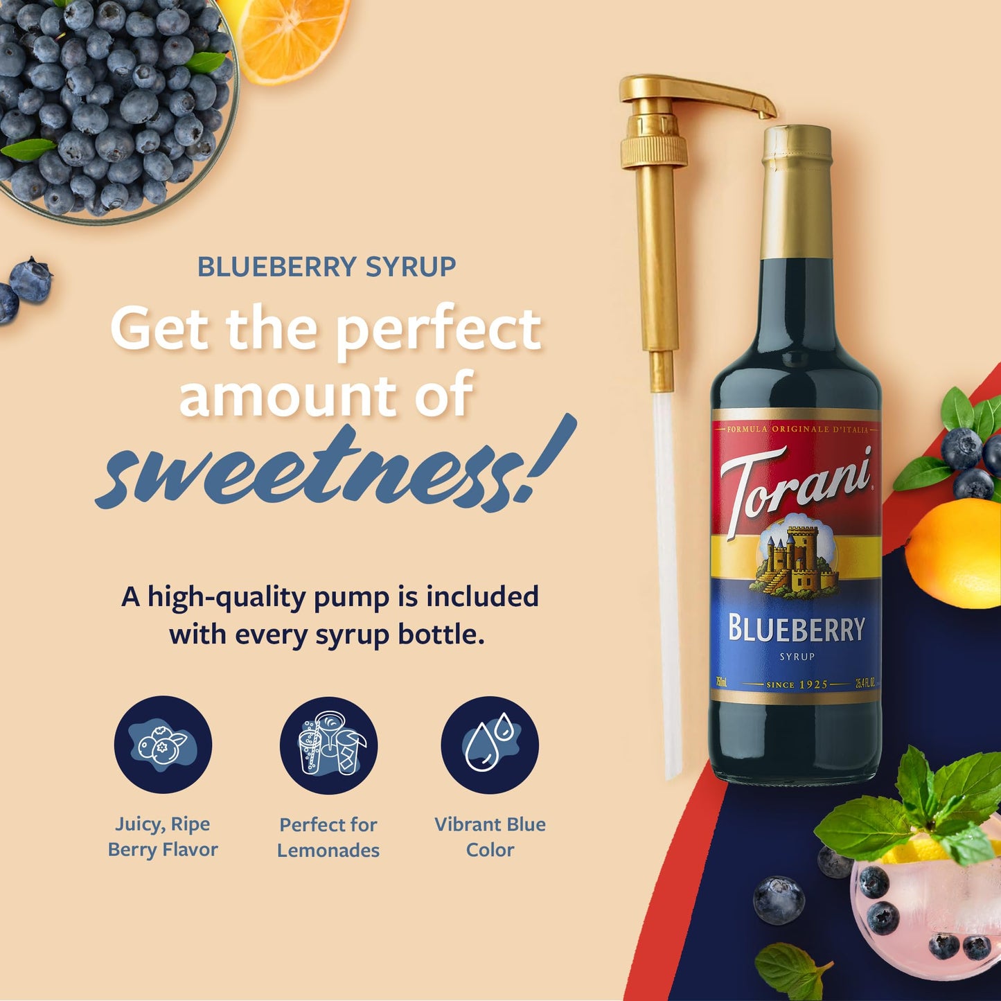Torani Blueberry Syrup for Drinks  Flavoring for Iced Tea  Lemonade  Sodas  and Cocktails  Glass Bottle with Pump Included  25.4 Fl Oz