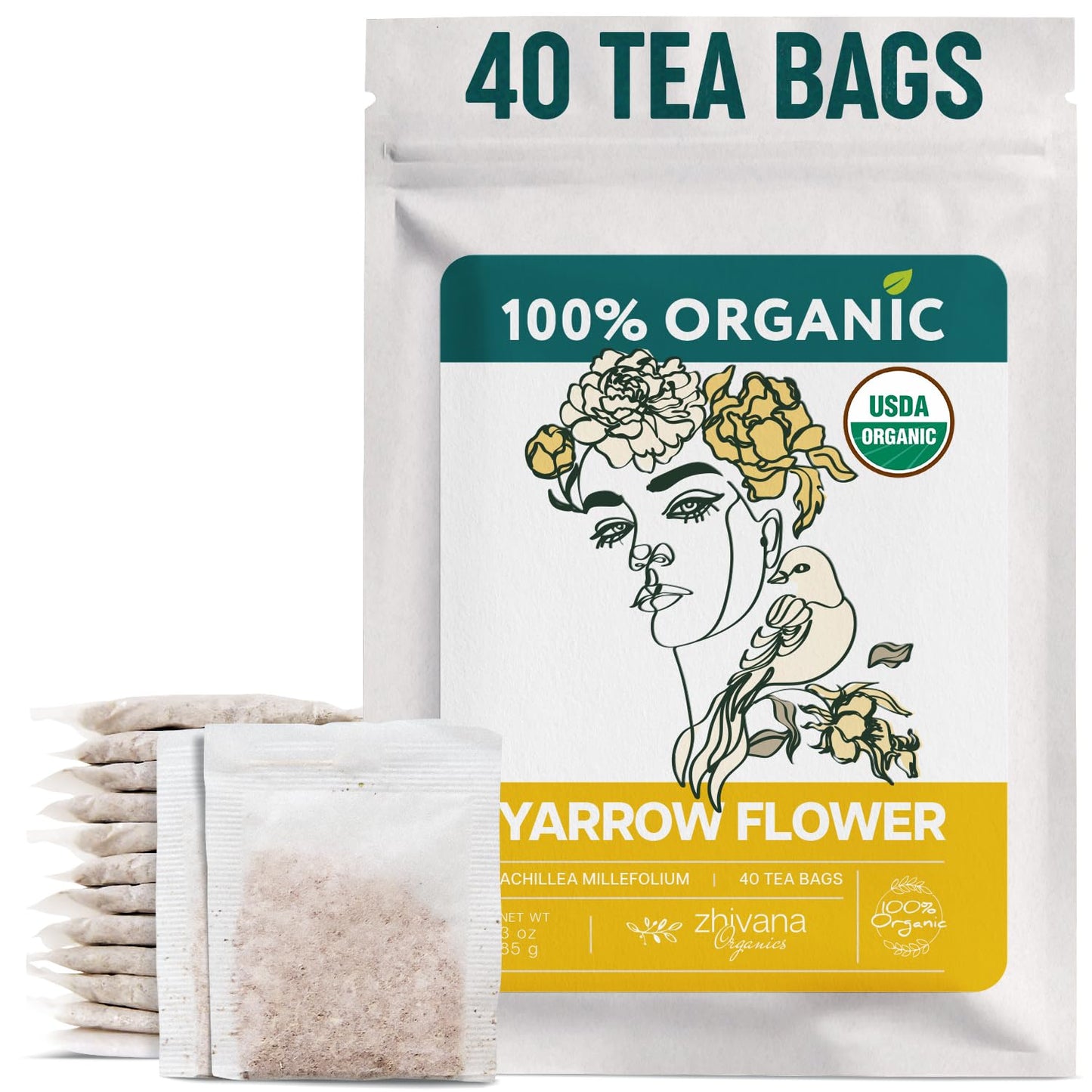 Organic Yarrow Tea (40 Tea Bags) - Support Immune Function  Digestion  Relaxation - WomenS Tea For Healthy Cycle And Emotional Balance - Te De Milenrama