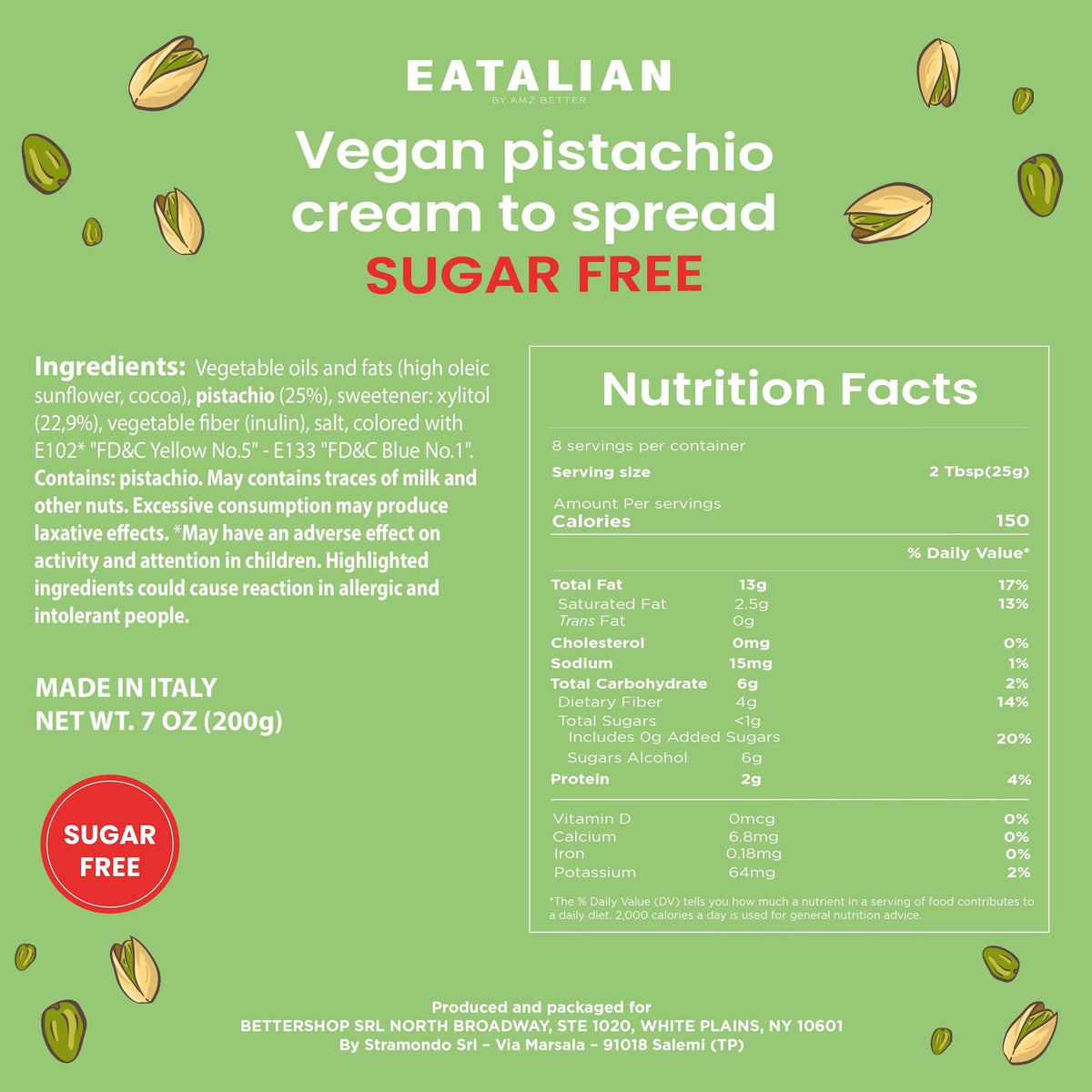 Eatalian By Amz Better Vegan Pistachio Cream Sugar Free, 7 Oz/ 200G, Delicious Sugar Free Vegan Spread, Ideal On Bread, Perfect