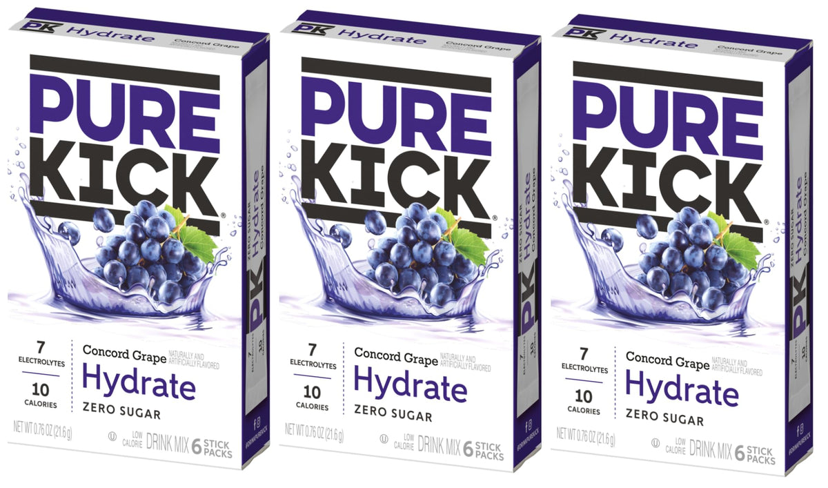 Singles To Go! Pure Kick Hydration Drink Mix Concord Grape  3 Boxes With 6 Packets Each - 18 Total Servings