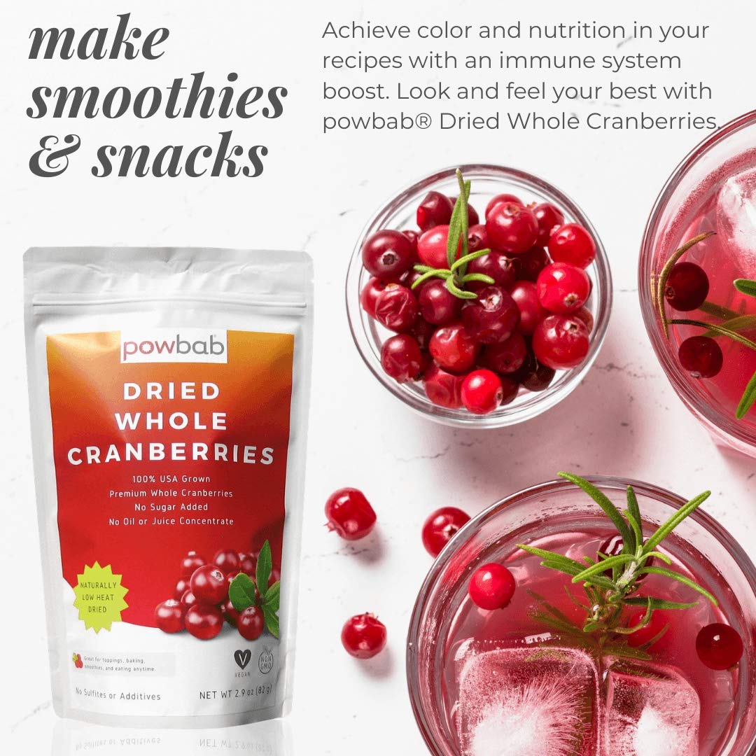 powbab Organic Dried Cranberries, Unsweetened, No Sugar Added, 2.9 Oz