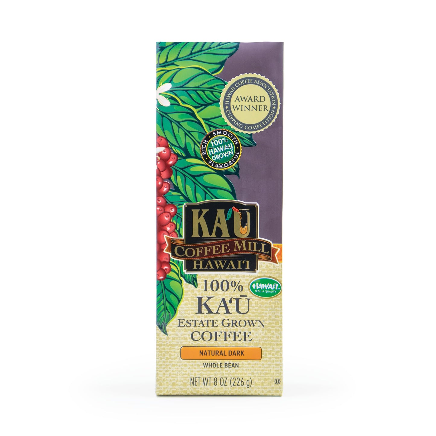 KA`U COFFEE MILL HAWAI`I Natural Dark Roast Whole Bean Coffee - 8oz - Handpicked Hawaiian Arabica Beans with Fruit, Spice & Cocoa Notes