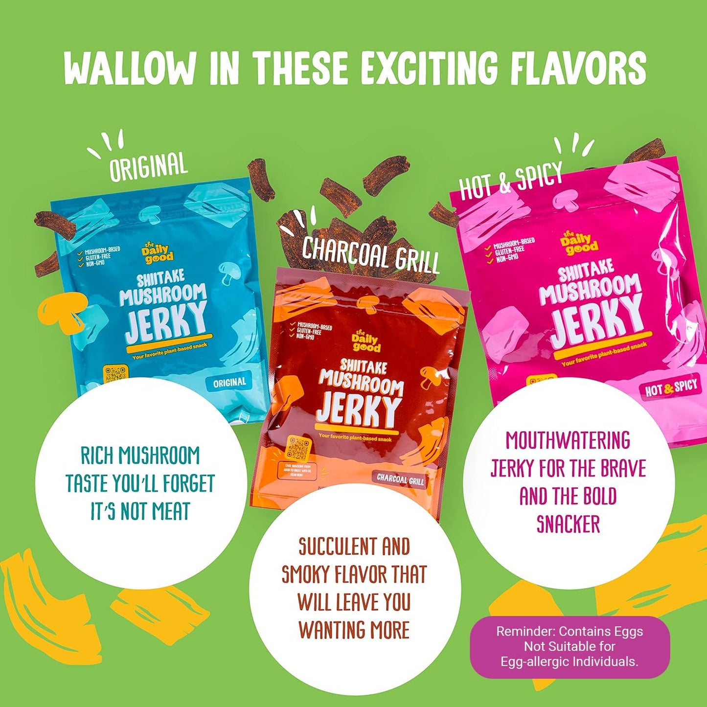 THE DAILY GOOD Mushroom Jerky 3-Pack, High-Fiber, Gluten-Free, Vegetarian, 2.19 oz (Pack of 3)
