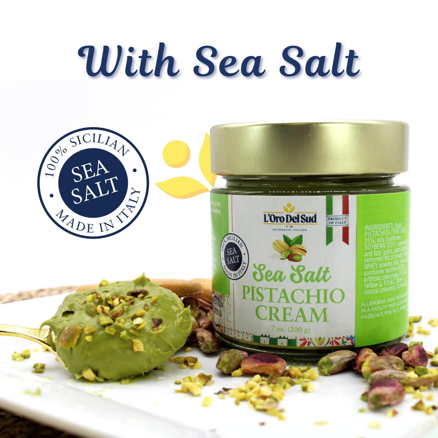 Pistachio Cream with Sea Salt, Sicilian Sweet & Salty Pistachio Spread, 7 oz (200g), Sweet Pistachio Butter, Product of Italy, L