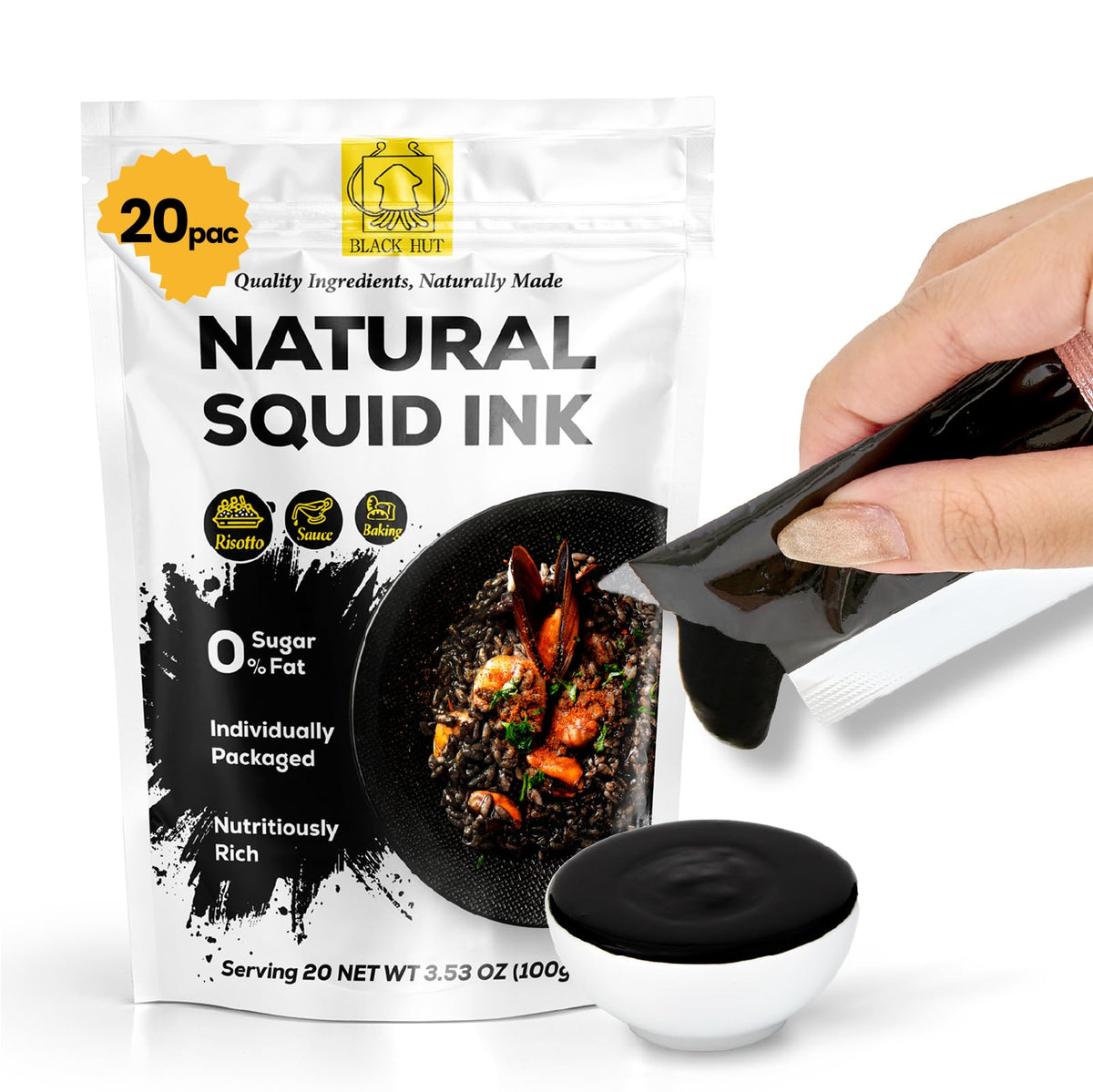 (5g x 20 Pack) Black Hut Squid Ink, Food Coloring Tinta Calamari for Rice Noodles Pasta Spaghetti Risotto, Cuttlefish Ink for Ba