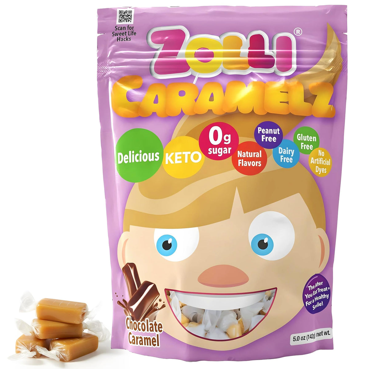 Zolli Caramelz Sugar-Free Candy - Creamy, Chewy, Dye-Free, Keto & Diabetic-Friendly Healthy Candy, Dentist-Approved Treats for K