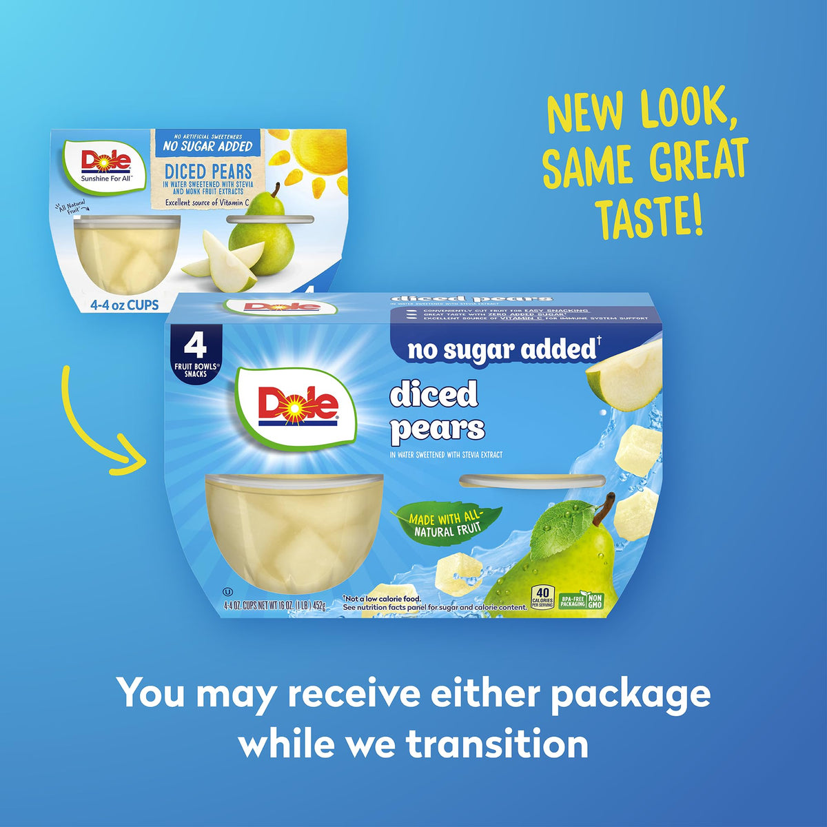 Dole Diced Pears with No Sugar Added - Dole Fruit Bowls Snacks - 4 oz Fruit Bowls - 4 Pack