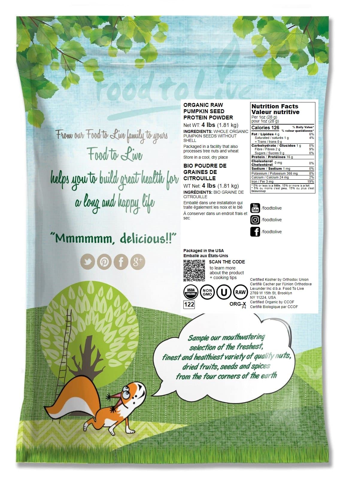 Food To Live Organic Pumpkin Seeds Protein Powder, 4 Pounds - 60% Protein, Non-Gmo, Non-Irradiated, Pure Flour, Kosher, Vegan Su