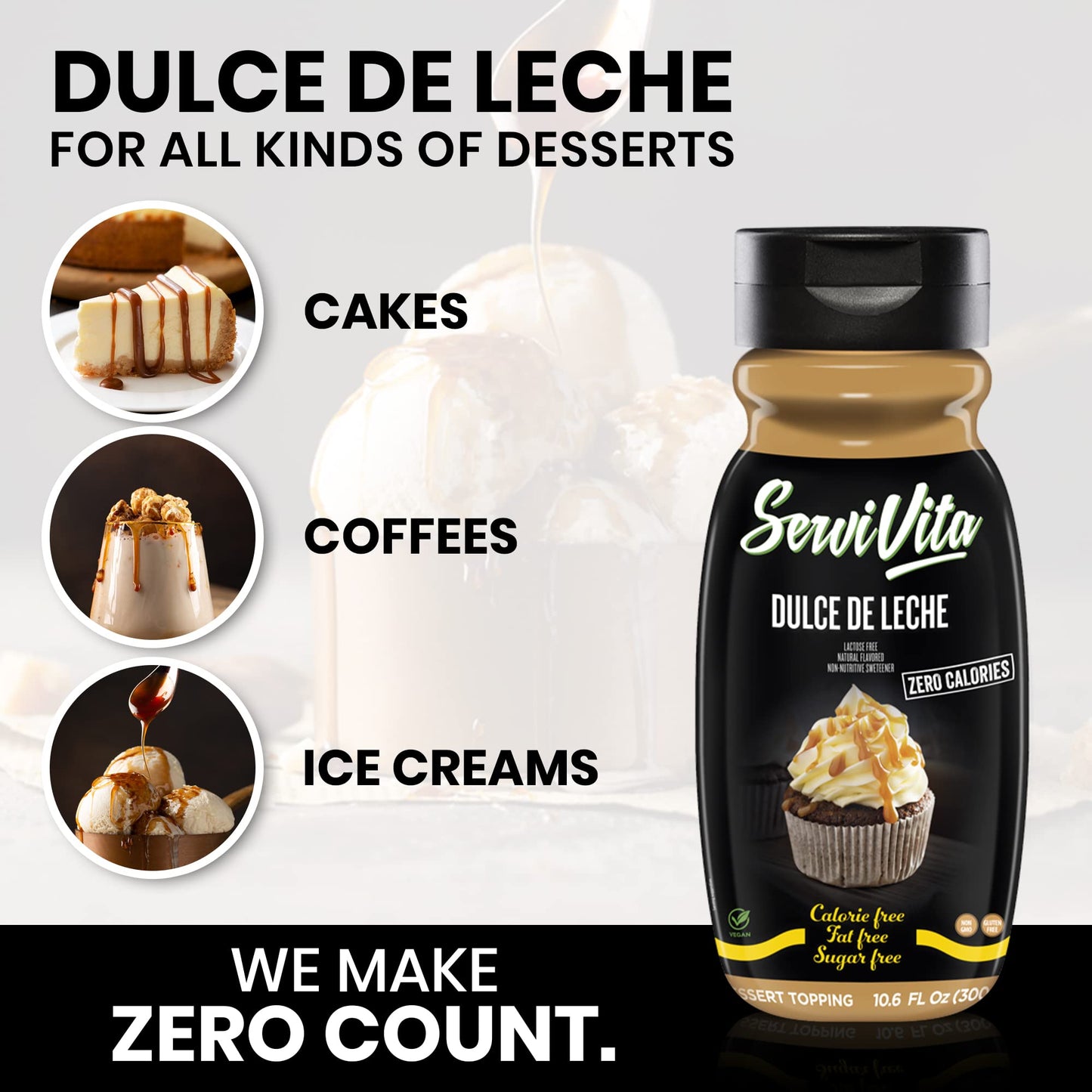 Sugar Free Dulce De Leche Topping Zero Calories And Fat Free, 10.6 Fl Oz - No Sugar Dulce De Leche Syrup Dessert Topping Gluten-