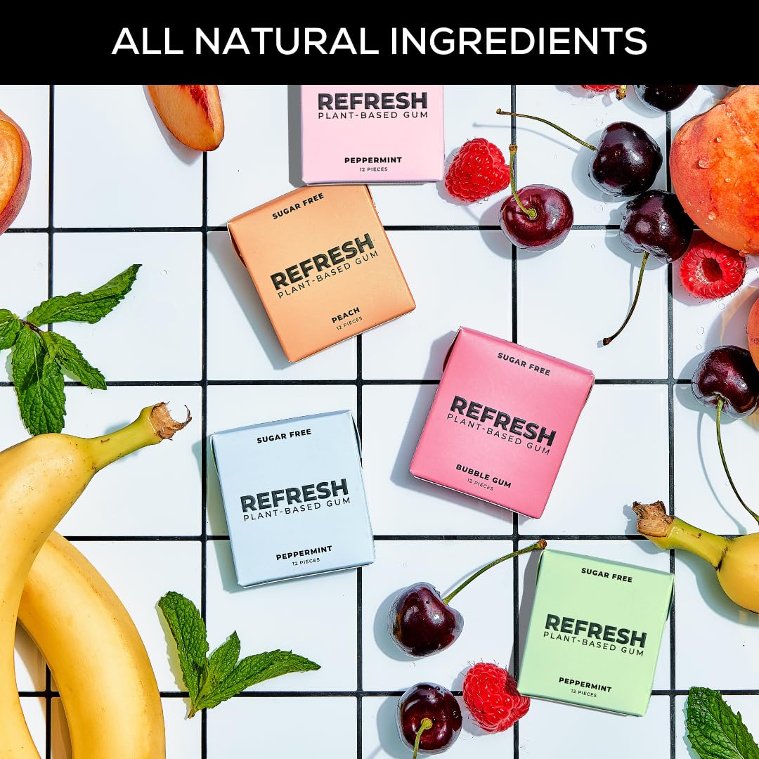 Refresh Gum  Xylitol  Natural  Sugar Free  Plastic Free  Organic Ingredients  Non GMO  Peppermint  Garden Mint  Bubble Gum  Peach & Raspberry Variety Pack  12 Pcs  6 Pack