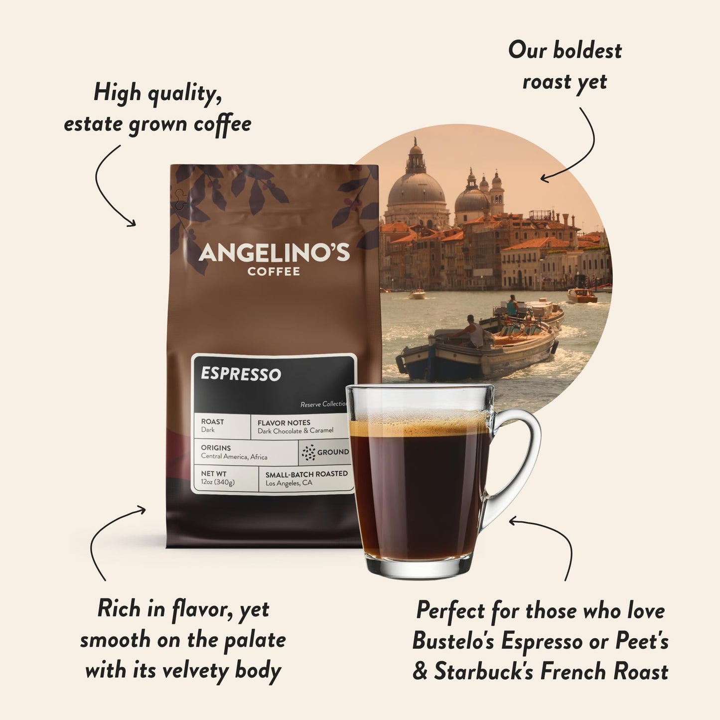 Angelinos Coffee Ground Espresso - Dark Roast, Notes of Dark Chocolate & Caramel, 12oz
