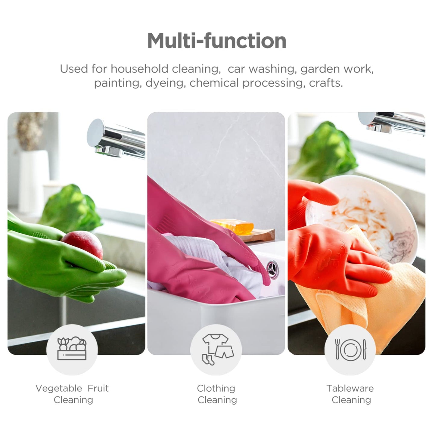 Iucge Rubber Dishwashing Gloves 3 Pairs For Kitchen,Cleaning Washing Dish Gloves Long For Household Reuseable Durable(Medium,Mul