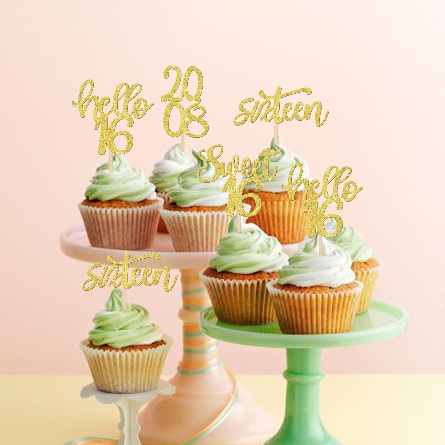 ZHUOWEISM 24PCS Cupcake Toppers Glitter Sweet 16 Decorations Small Gold Bamboo