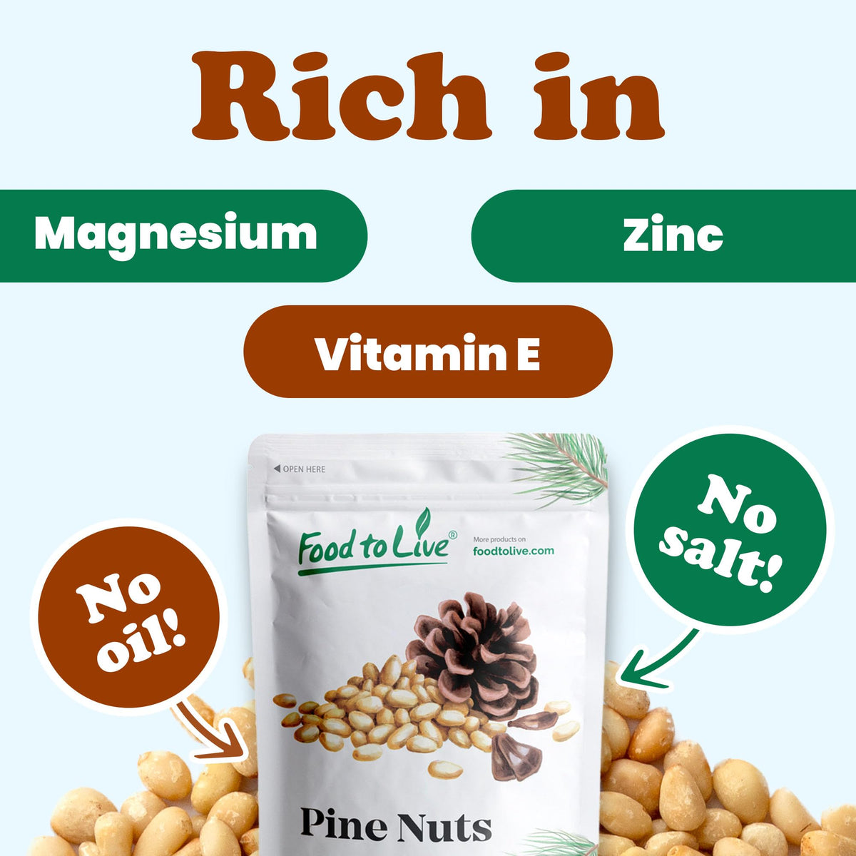 Food To Live Dry Roasted Pine Nuts, 1 Pound – Naturally Tasty And Crunchy, Nutritious And Delicious, Perfect For Cooking, Baking And Snacking, Vegan, Kosher, Bulk