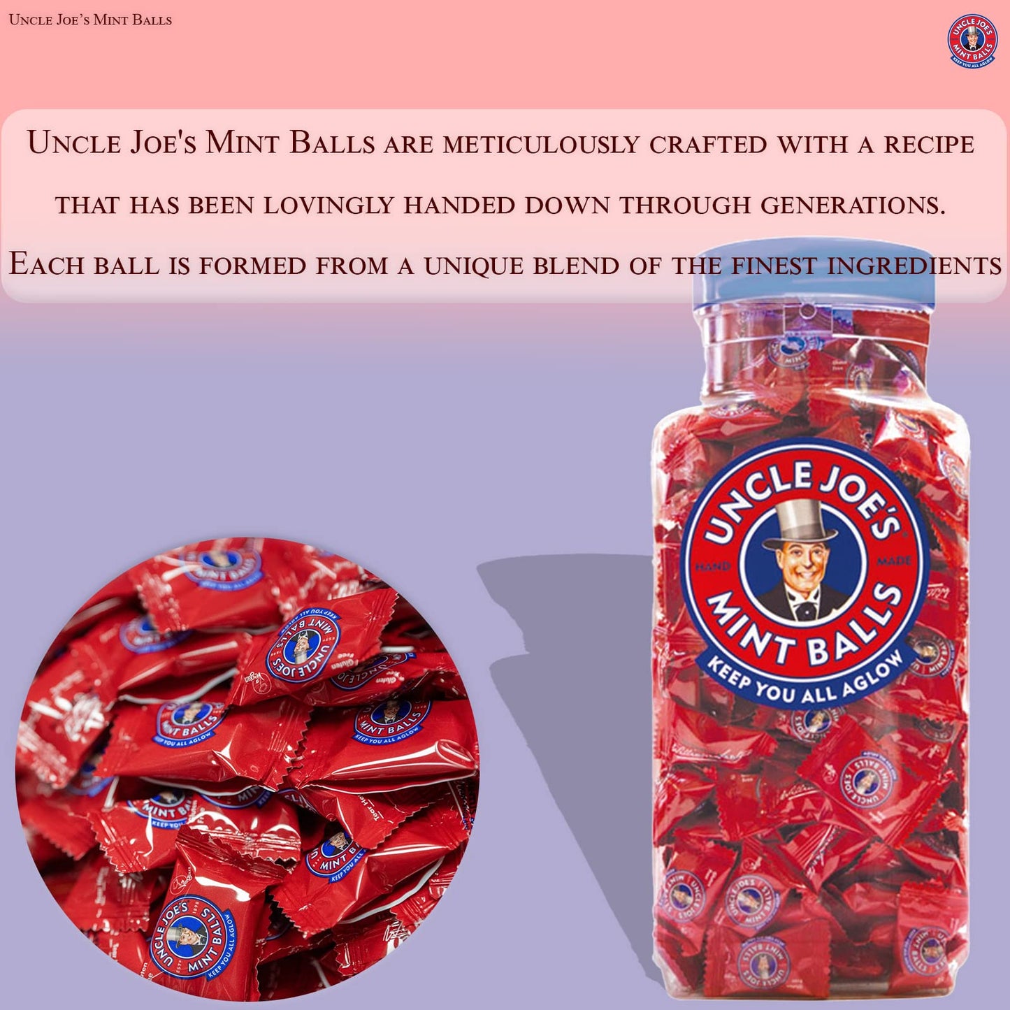 Uncle Joes Mint Balls Jar - Handcrafted Vegan Gluten Free Candy, 1.4kg (3.1 lbs) - Individually Wrapped Real Peppermint Oil Mints