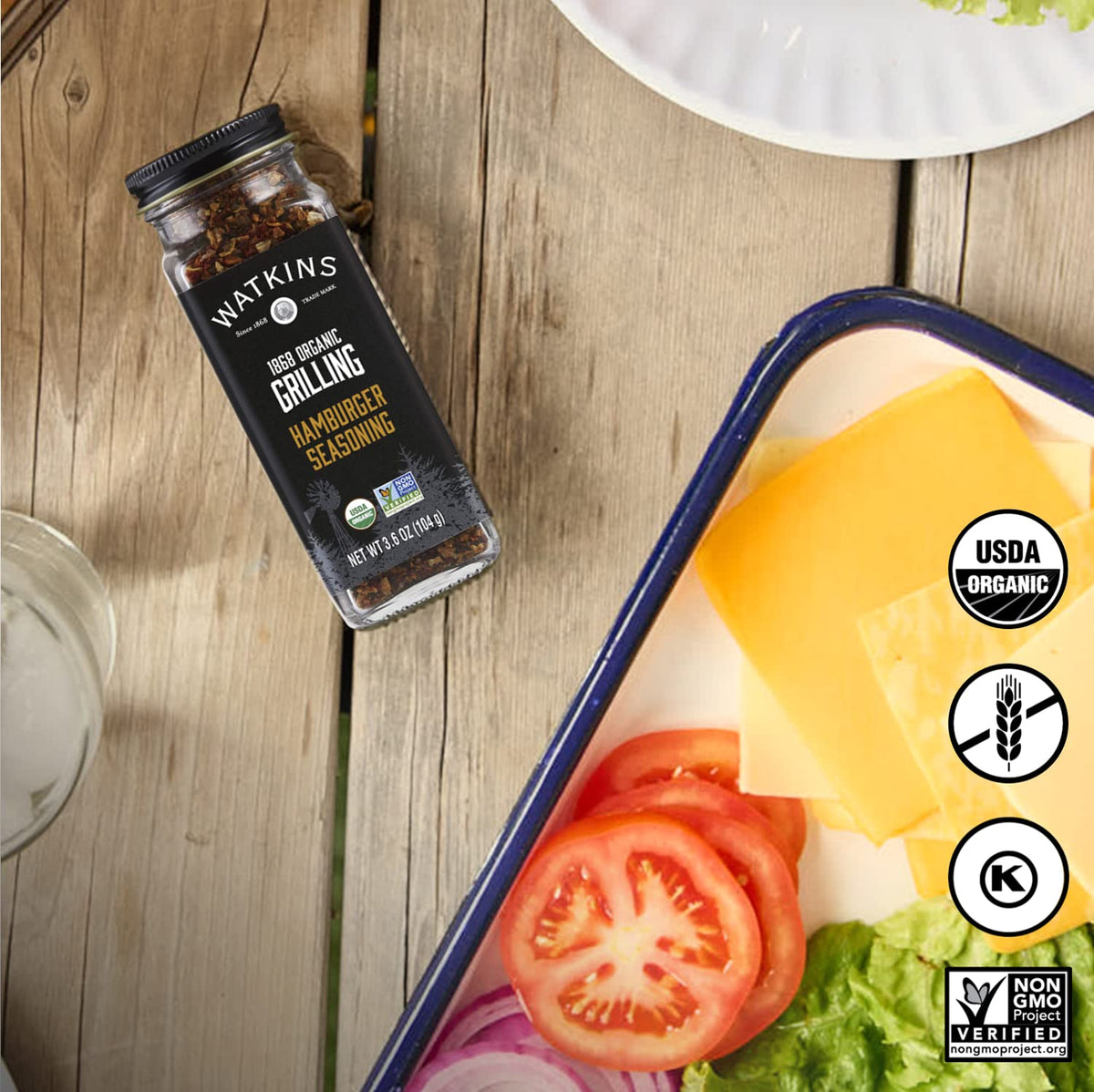 Watkins Organic Grilling Hamburger Seasoning, Non-GMO, Kosher, 3.6 Oz, 1-Pack