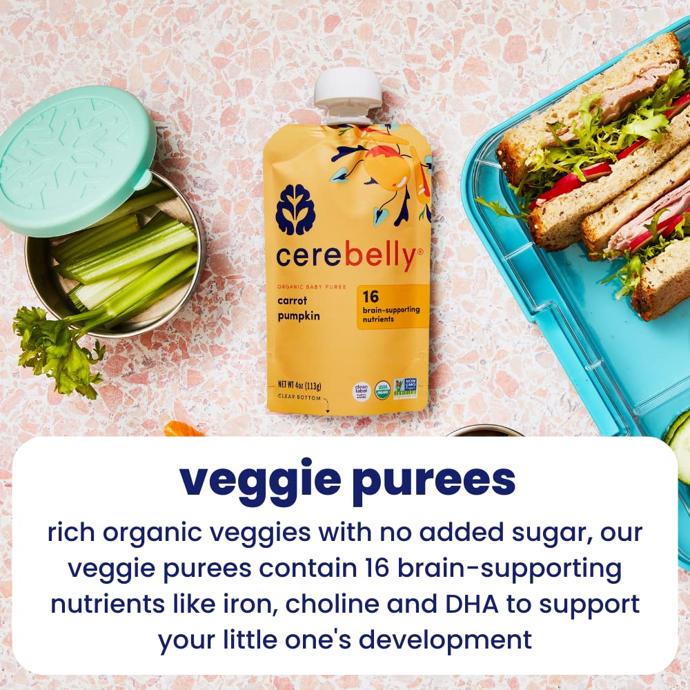 Cerebelly Organic Baby Food Pouches, Carrot Pumpkin Purees, 16 Nutrients, No Added Sugar, Fiber & Non-Gmo, 4Oz, 6 Pack