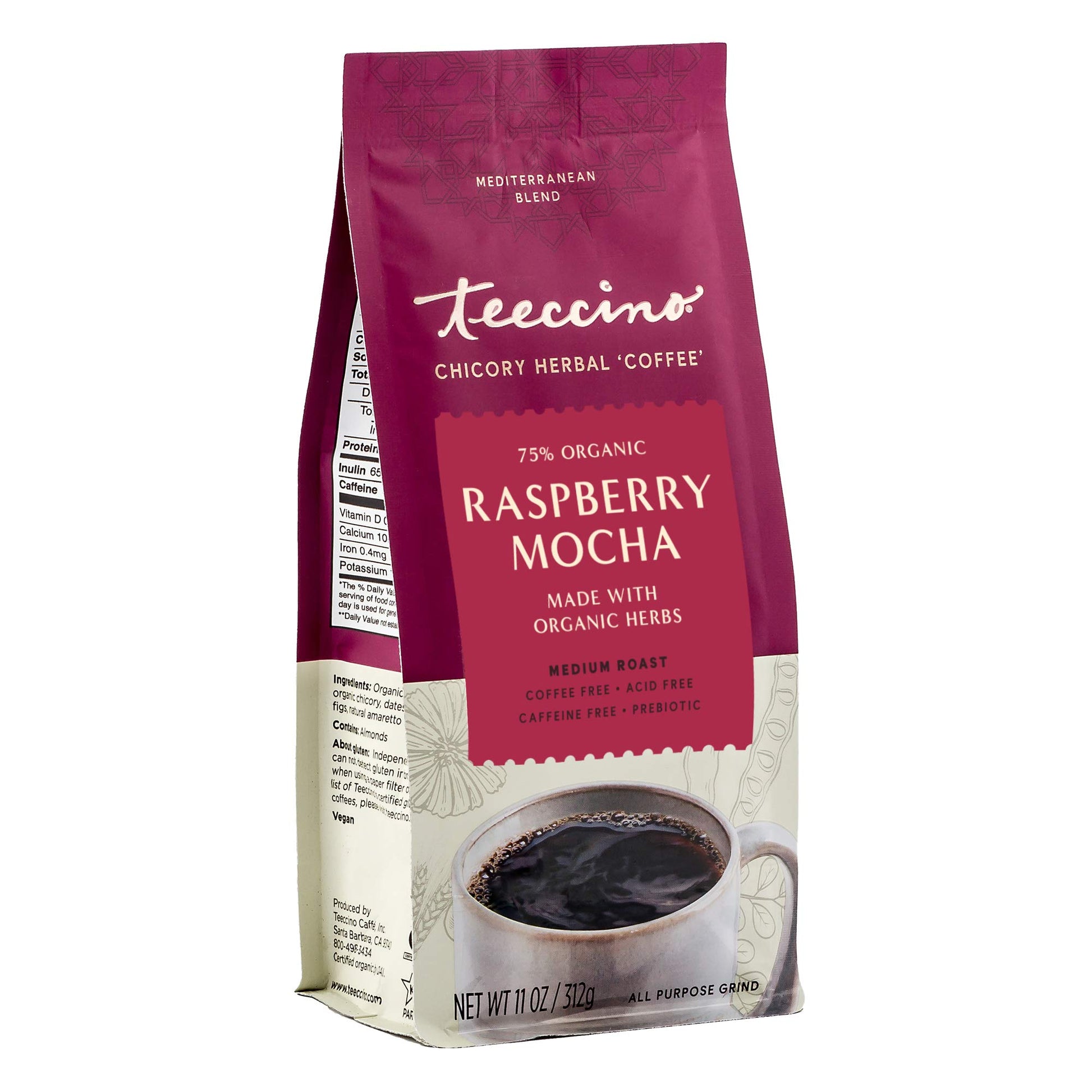 Teeccino Raspberry Mocha Herbal Coffee Alternative, Caffeine Free, Dark Roast, 11 Ounce